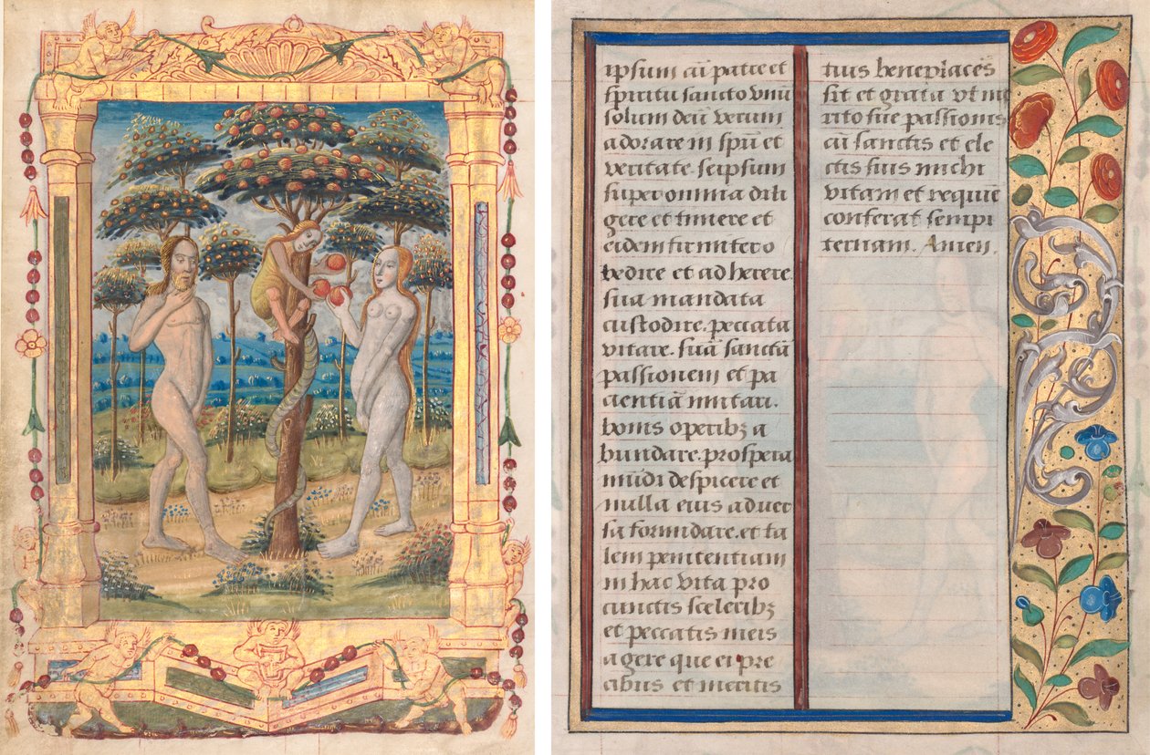Blad uit een Getijdenboek: Adam en Eva en de Val van de Mens (Inleidende Miniatuur bij het Officie van de Maagd) (recto) en Tekst met Geïllustreerde Rand (verso) (1 van 3 Verwijderde Bladen) door Unknown artist