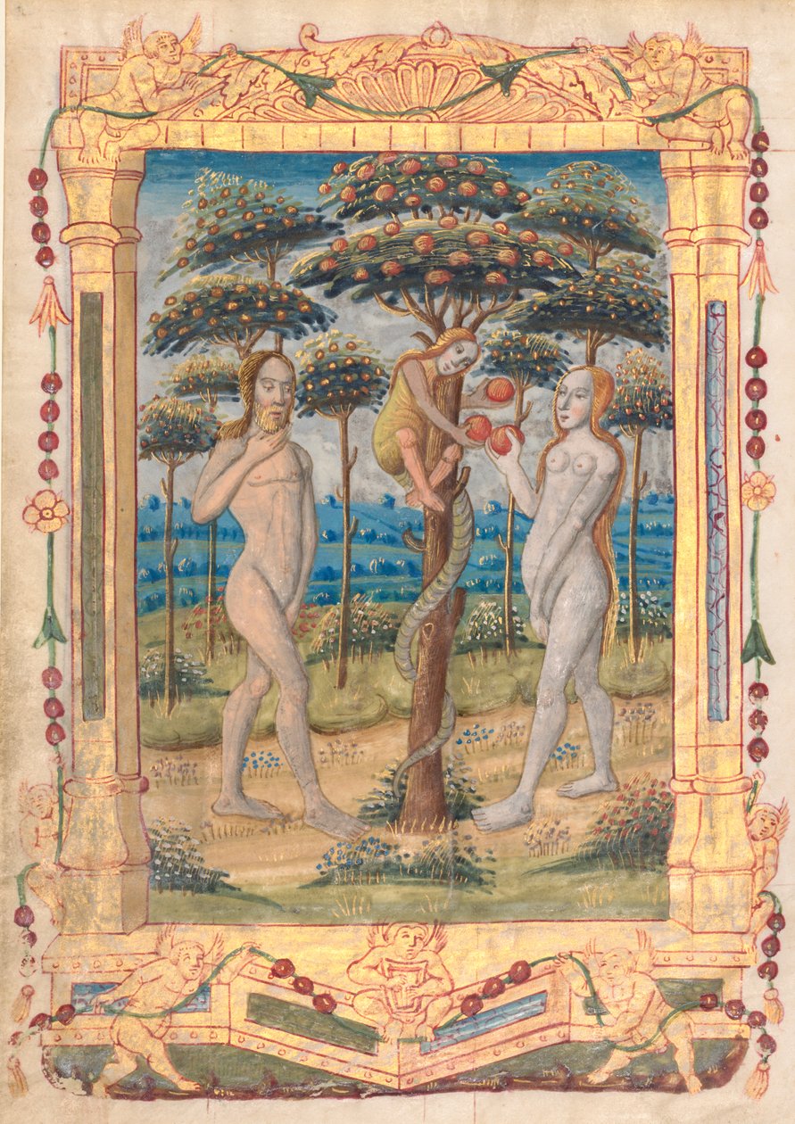 Blad uit een Getijdenboek: Adam en Eva en de Val van de Mens (Inleidende Miniatuur bij het Officie van de Maagd) (recto) door Unknown artist