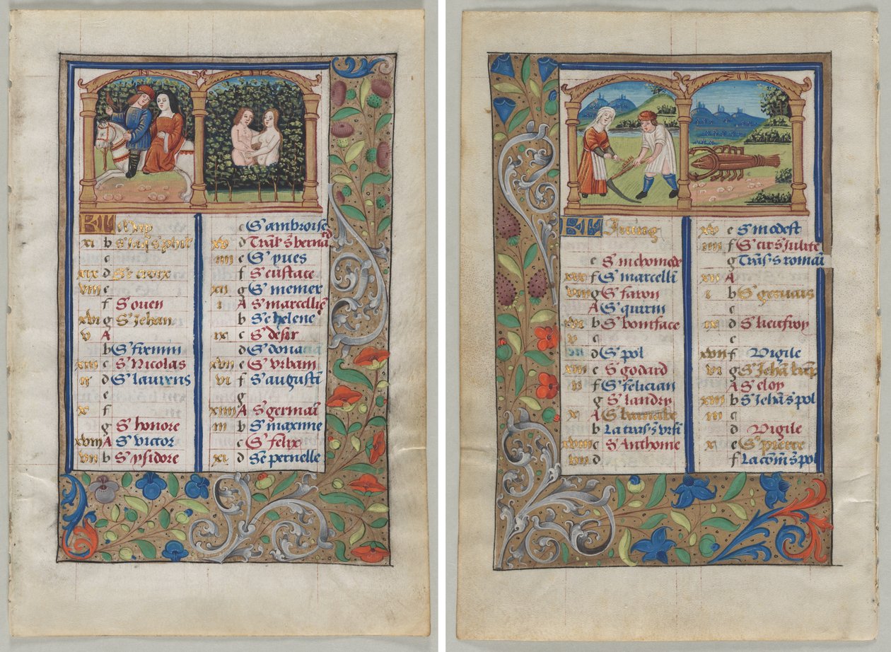 Blad uit een Getijdenboek: Kalenderpagina voor mei (recto) en kalenderpagina voor juni (verso) (2 van 3 uitgesneden bladen) door Unknown artist