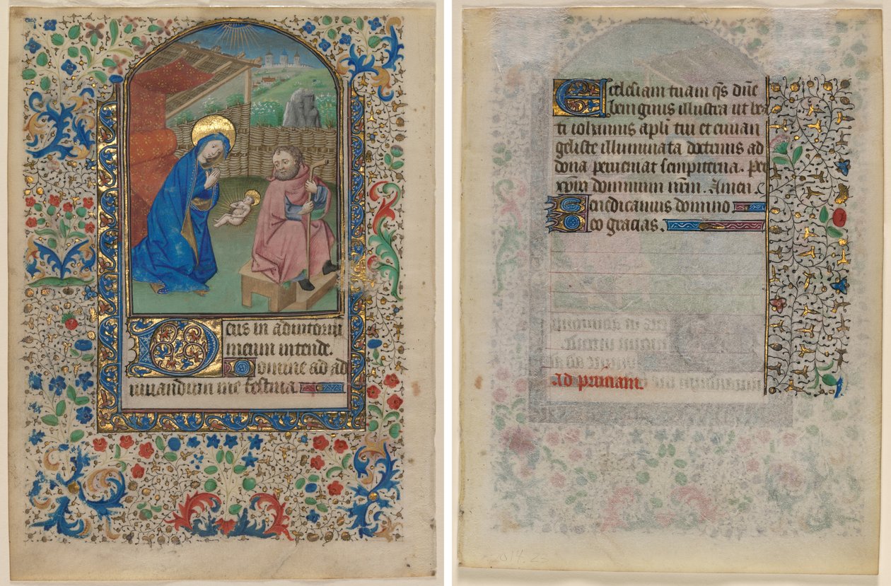 Blad uit een getijdenboek: De Geboorte (recto) en Tekst (verso) door Unknown artist