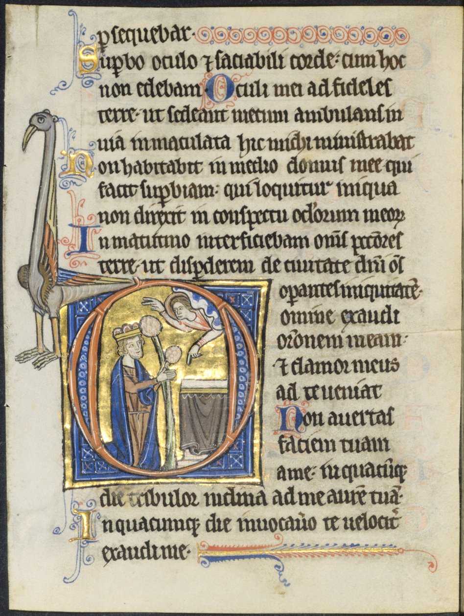 Blad uit een Psalter: Initiaal D: David in Gebed voor een Altaar en Christus in een Wolk (2 van 2 Uitgesneden Bladen) door Unknown artist