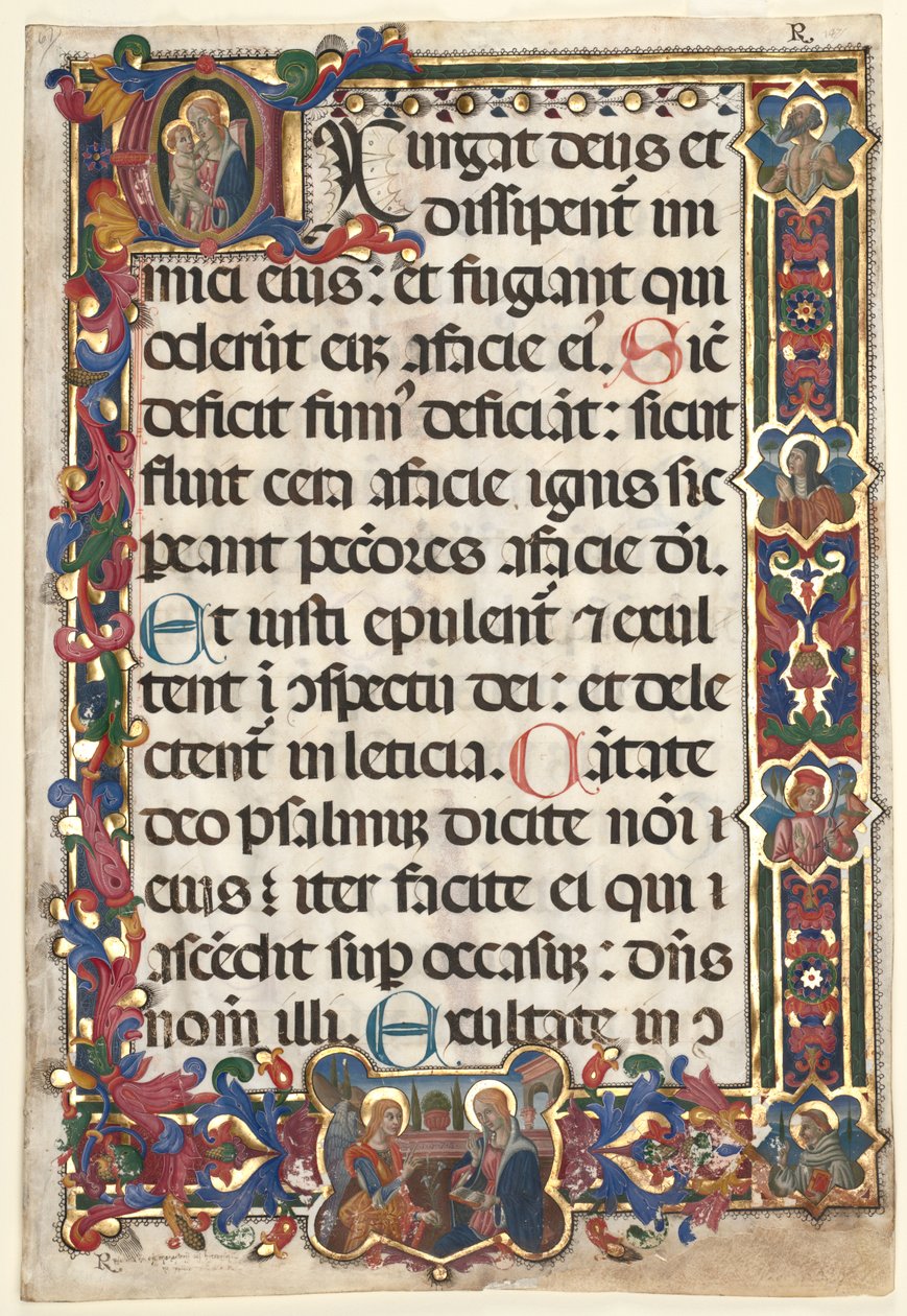 Blad uit een Psalter met Volledige Rand met Medaillons (Aankondiging, SS. Hiëronymus, Clara, Sebastiaan en Bernardinus) en Geïllustreerde Initiaal (E): Maagd en Kind door Unknown artist