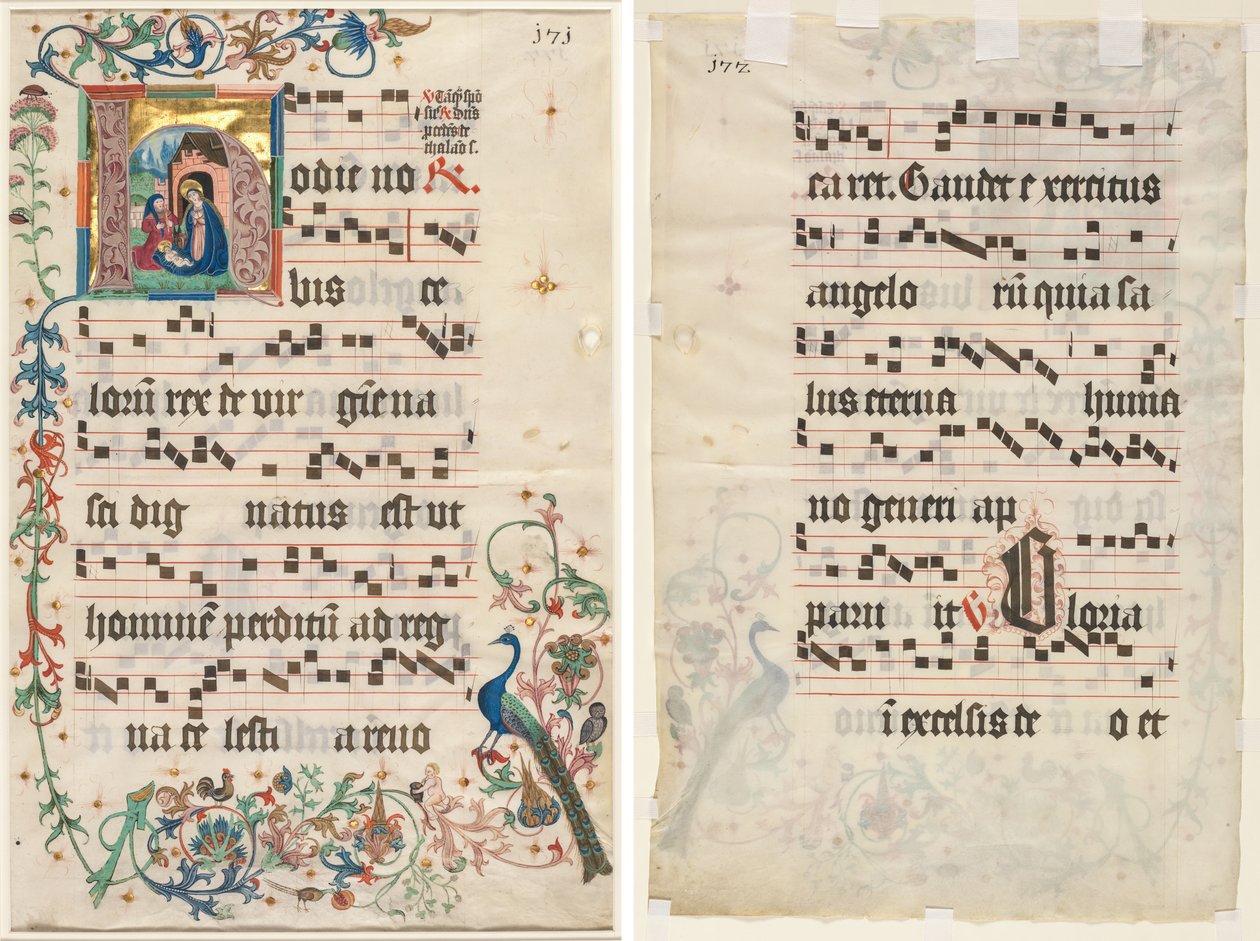 Blad uit een Antifonarium: Initiaal H met de Geboorte (recto) en Tekst (verso) door Unknown artist