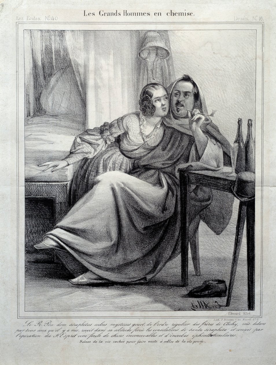 Les grands hommes en chemise Representatie van de schrijver Honore de Balzac (1799-1850) die een jonge vrouw omhelst terwijl hij een sigaret rookt. Illustratie van E. Allet (19e eeuw) Parijs, Maison Balzac door Unknown artist