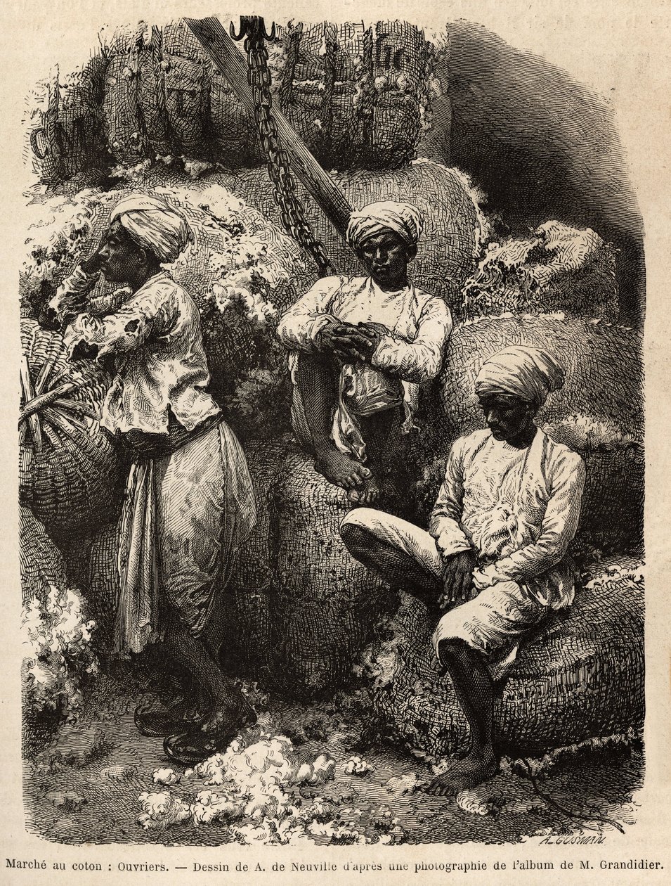 Les ouvriers Parsi au repos, au marché au coton de Bombay. Gravure ter illustratie van de reis in de zuidelijke provincies van India, door Alfred Grandidier, in 1862-1864, gepubliceerd in 