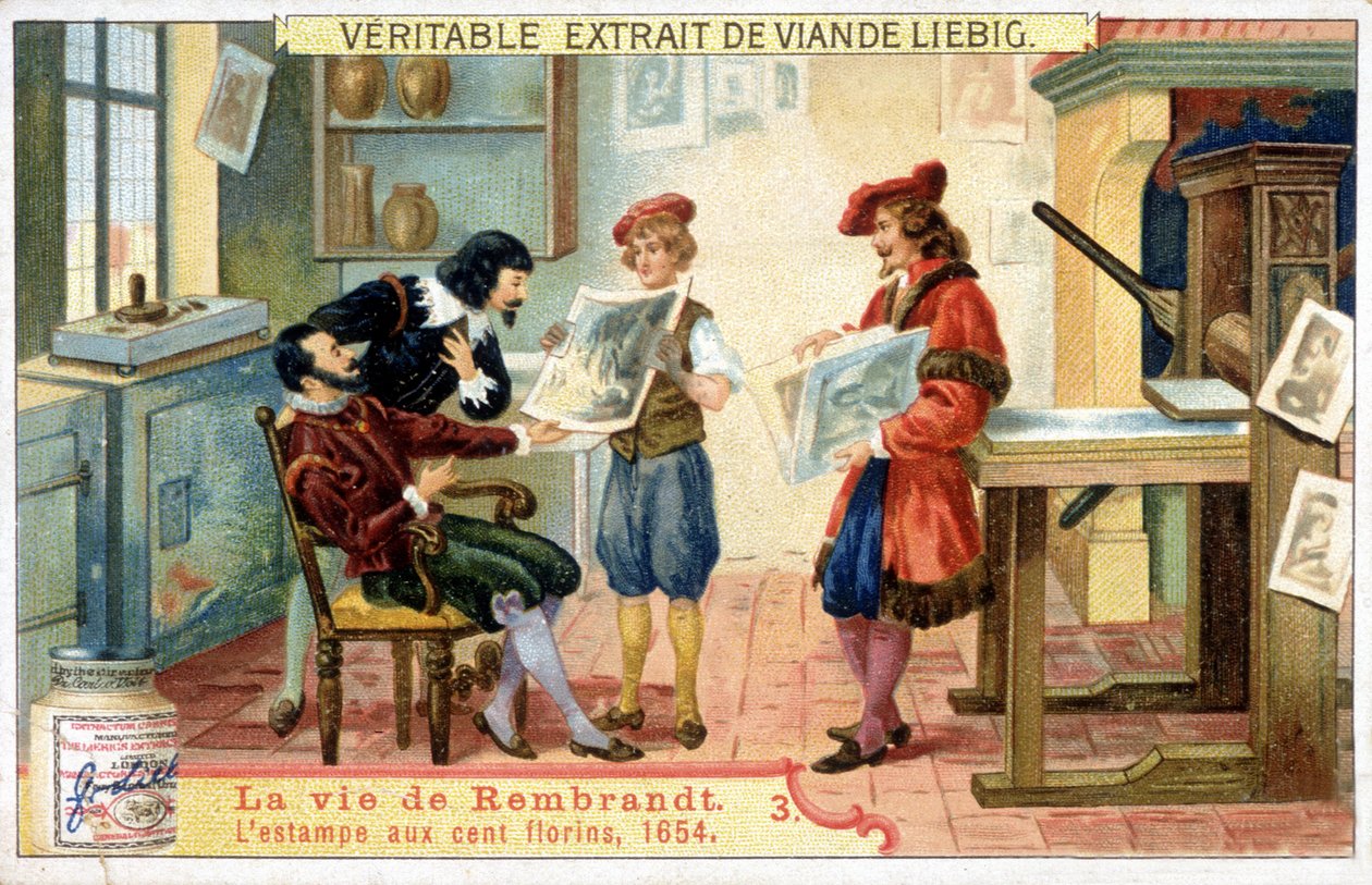 Liebig chromolithografie over het leven van Rembrandt (1606 - 1669) Nederlandse schilder. Dit is de 100 guldenprent in 1654. door Unknown artist