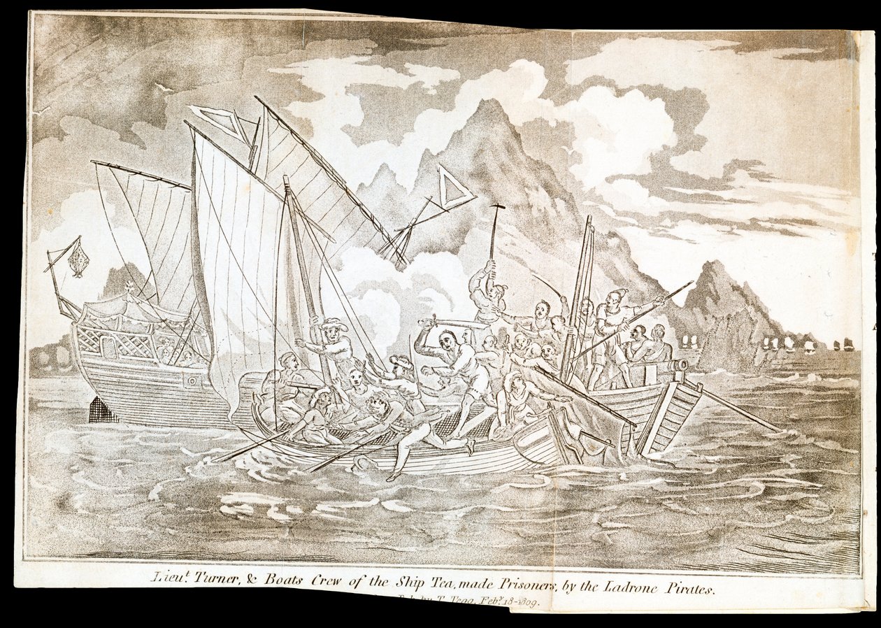 Luitenant Turner, & Bootbemanning van het Schip Tea, gevangen genomen door de Ladrone Piraten door Unknown artist