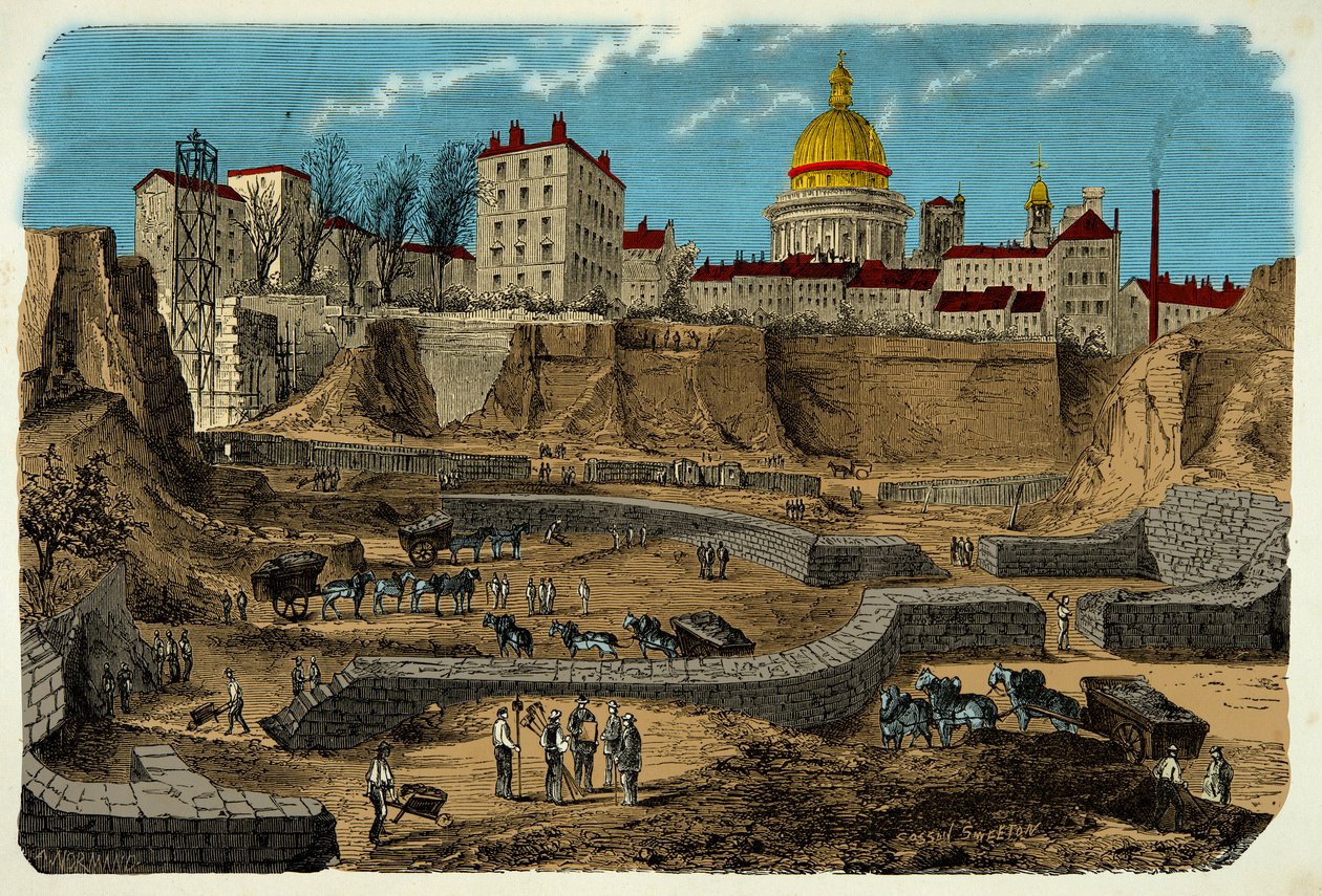 Locatie van het Gallo-Romeinse circus uit de 2e eeuw v.Chr., ontdekt in 1870 tijdens het boren van de rue Monge in Parijs, gravure 19e eeuw door Unknown artist
