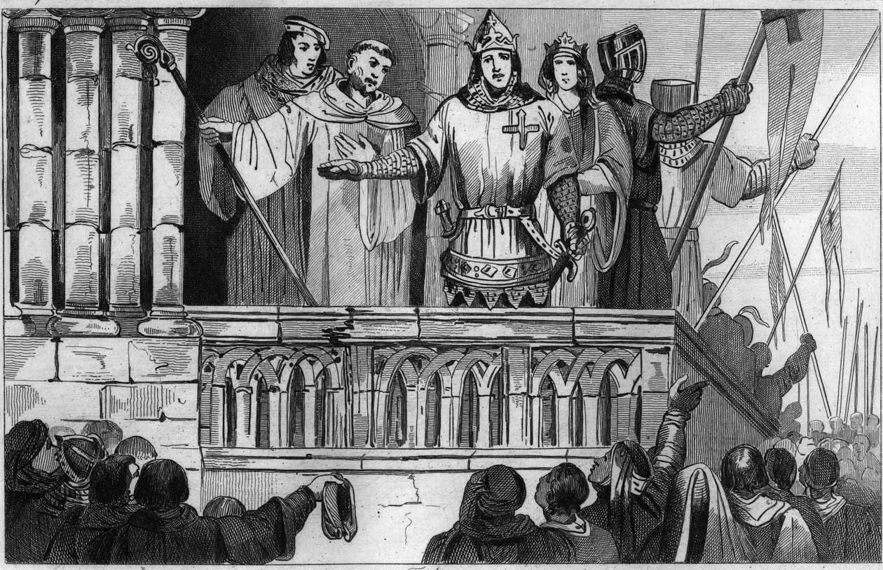 Lodewijk VII (1120-80) de Jonge verzamelt steun voor de Tweede Kruistocht in 1144 - Lodewijk VII onderneemt de 2e Kruistocht na het advies van Sint Bernardus van Clairvaux - Gravure 1825 in Histoire de France door Unknown artist