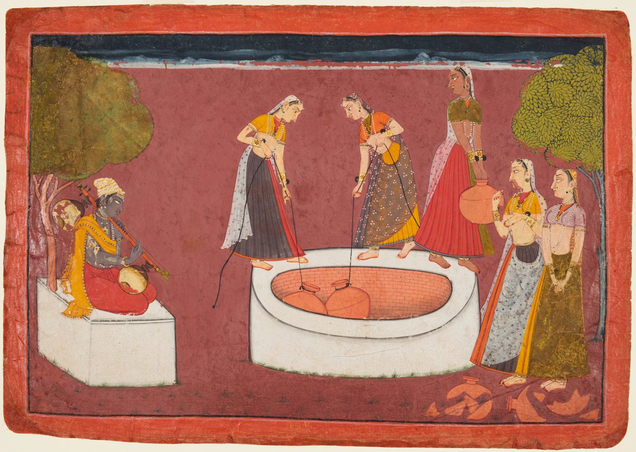 Madhava Speelt zijn Vina voor Vijf Vrouwen die Water uit een Put Halen, uit een Madhavanala Kamakandala door Unknown artist
