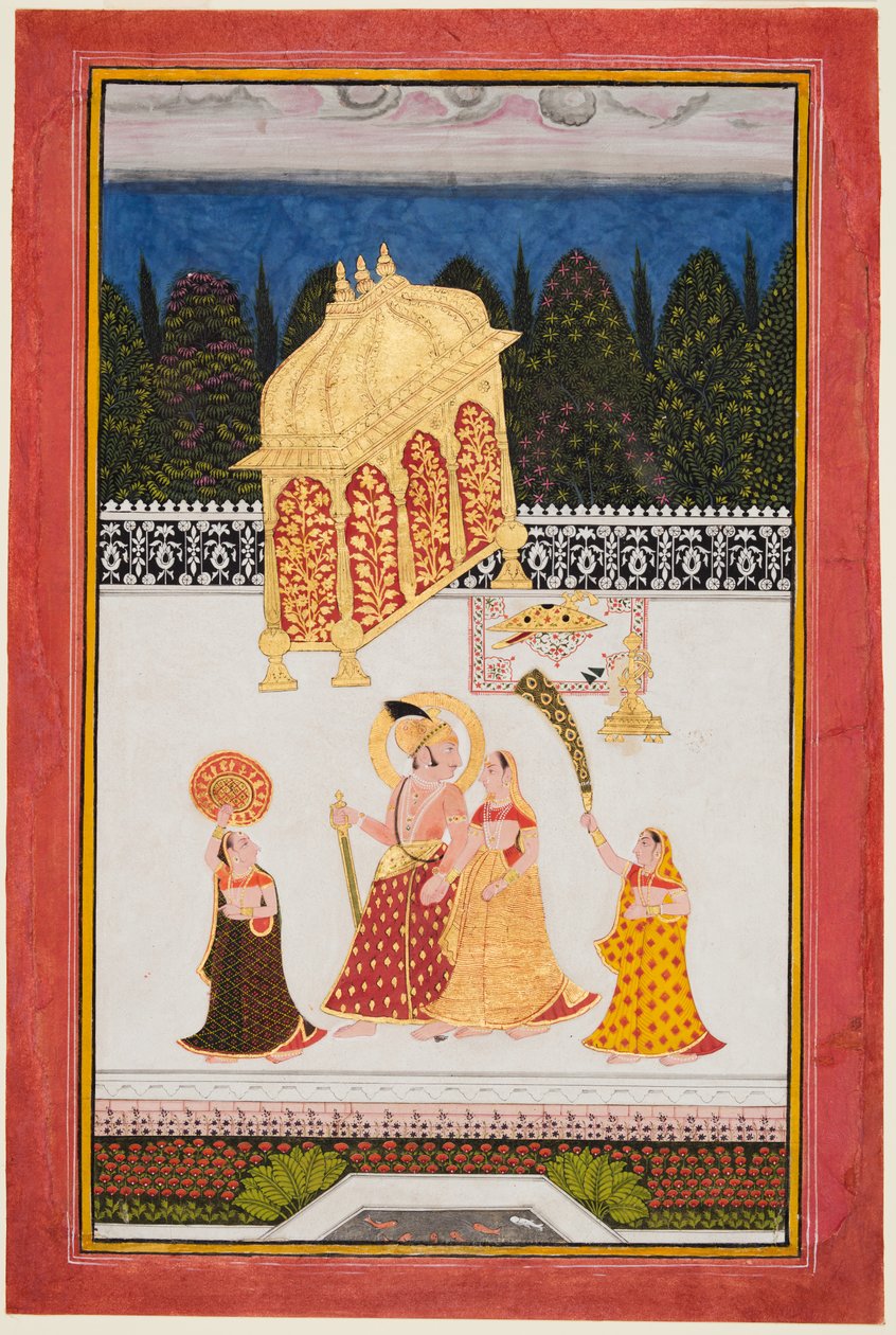 Maharana Ari Singh II van Mewar met zijn gemalin op een terras door Unknown artist