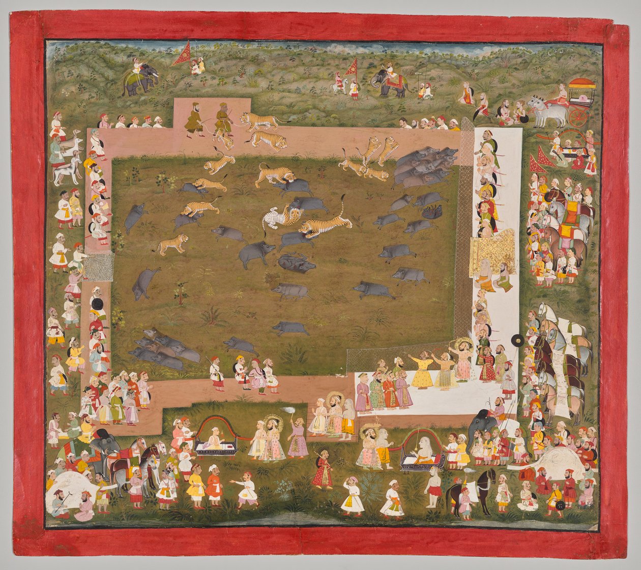 Maharana Sangram Singh II van Mewar (r. 1710-34) en organiseert een zwijnenjacht met tijgers in Sadri door Unknown artist