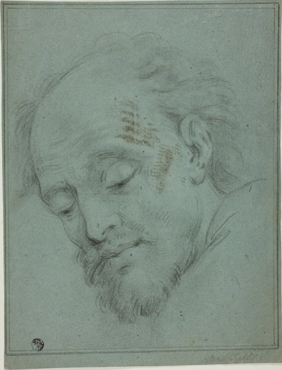 Mannelijk hoofd naar beneden kijkend door Unknown artist