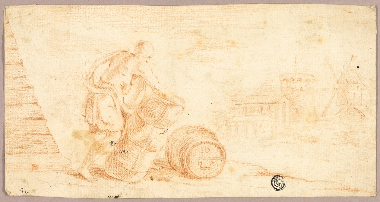 Man Verplaatst Baal, Vat, met Windmolen in de Verte door Unknown artist