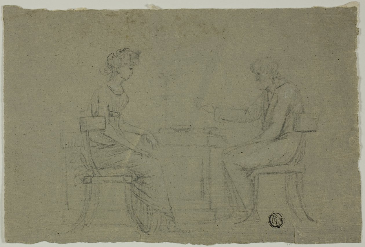Man en vrouw zittend aan tafel door Unknown artist