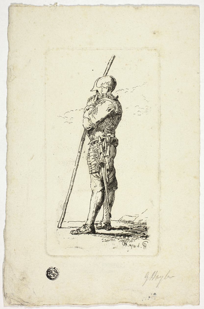Man in harnas met staf door Unknown artist