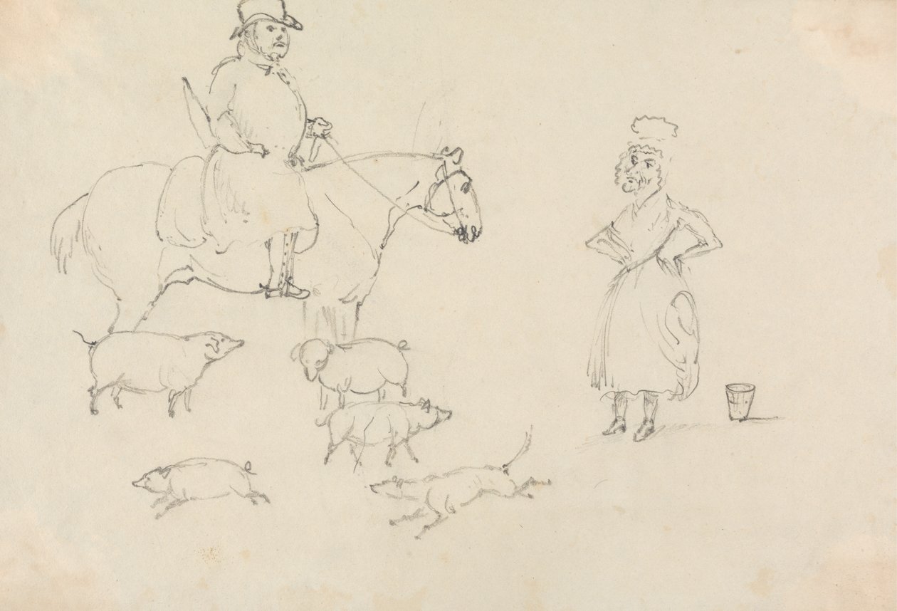 Man op paard, met varkens door Unknown artist