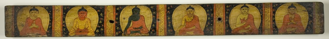 Manuscriptomslag met zes zittende boeddha