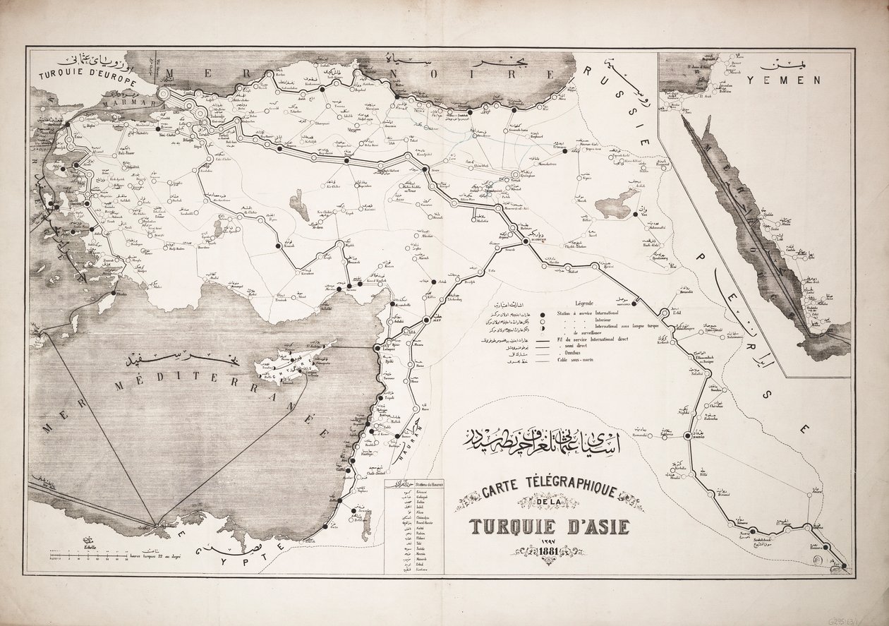 Kaart van Turkije met telegraafkabels en stations door Unknown artist