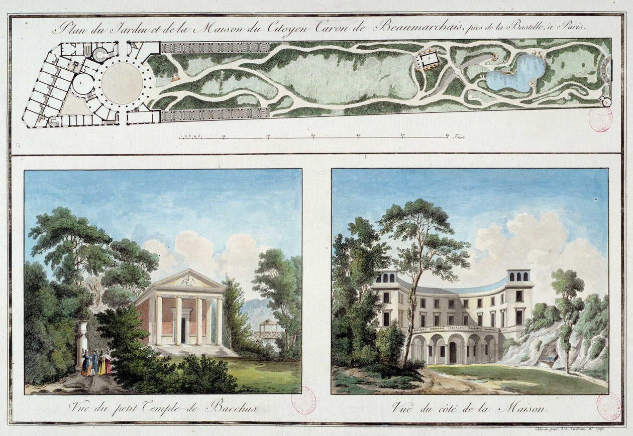 Kaart van de tuin en het huis van de Franse schrijver en toneelschrijver Pierre Augustin Caron de Beaumarchais (1732-1799) aan de huidige Boulevard Beaumarchais in Parijs door Unknown artist