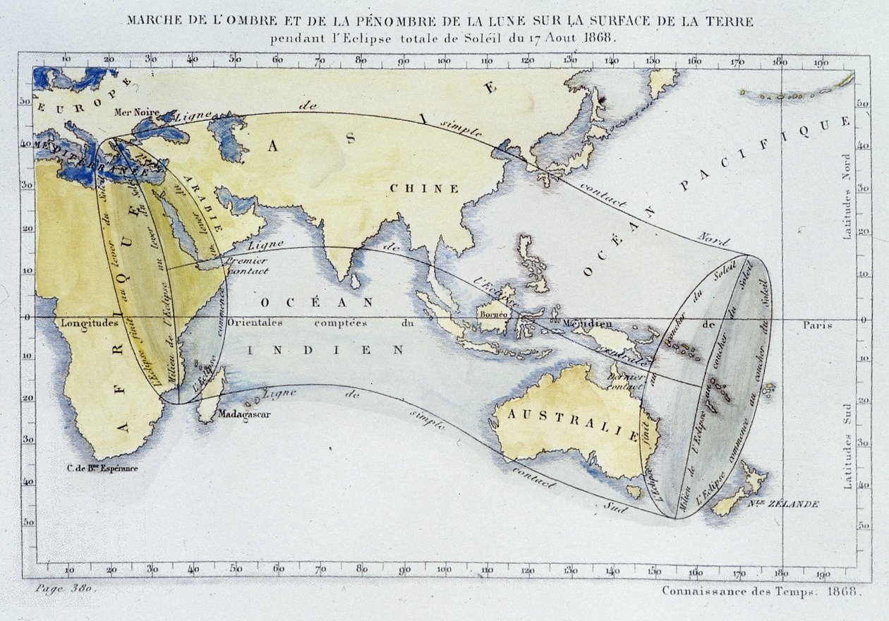 Kaart, gepubliceerd door het Bureau van Lengtegraden, die de mars van de schaduw en duisternis van de Maan op het aardoppervlak tijdens de zonsverduistering van 1868 toont door Unknown artist