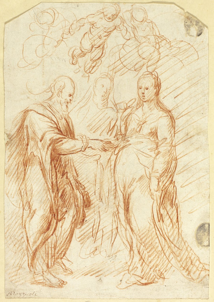 Huwelijk van de Maagd (recto); Schetsen van de onderste helft van het gezicht in profiel (verso) door Unknown artist