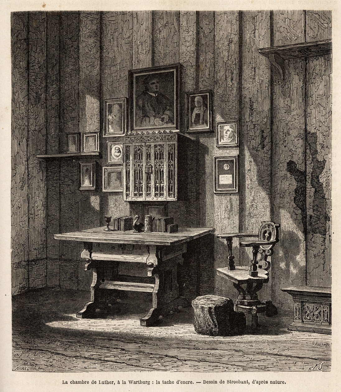 De kamer van Maarten Luther (1483-1546) in Wartburg waar hij na zijn excommunicatie in 1521 onderdak vond, met zijn portret en die van zijn ouders boven het bureau, onder wiens ogen hij de Bijbel in het Duits vertaalde en zijn beroemdste teksten schreef. D door Unknown artist