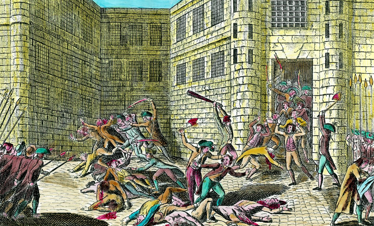 Bloedbad van de gevangenen van de Abdij van Saint Germain door het volk in september 1792. Scène van de Franse revolutie. Gravure uit de 18e eeuw. Privécollectie. door Unknown artist