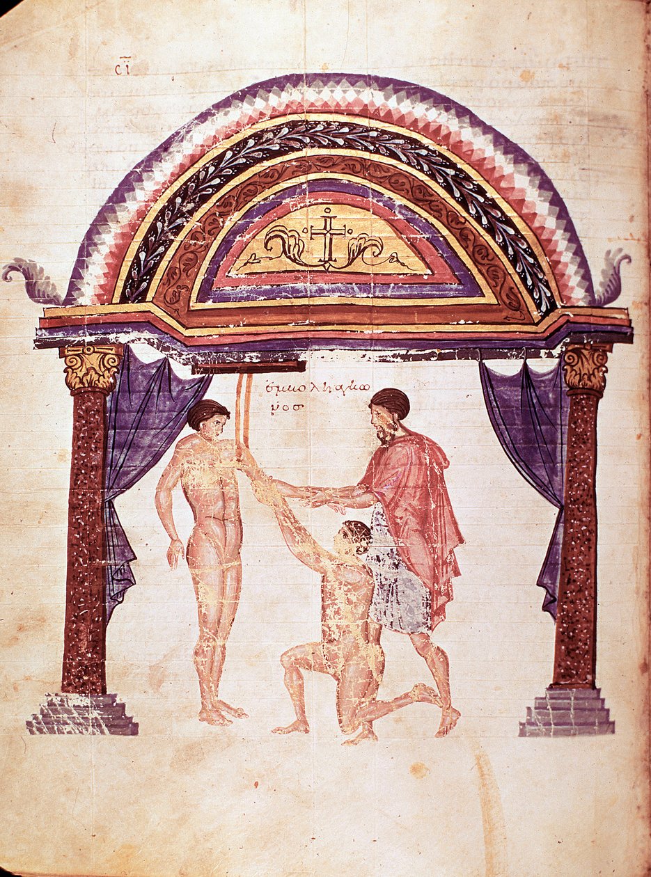Geneeskunde: reductie van een ontwrichte elleboog, patiënt wordt opgehangen aan de arm (manuscript) door Unknown artist