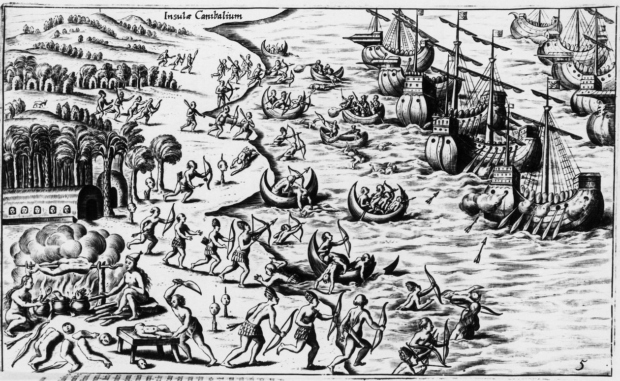 Ontmoeting tussen de mensen van Christoffel Columbus en de Kannibalen - in 