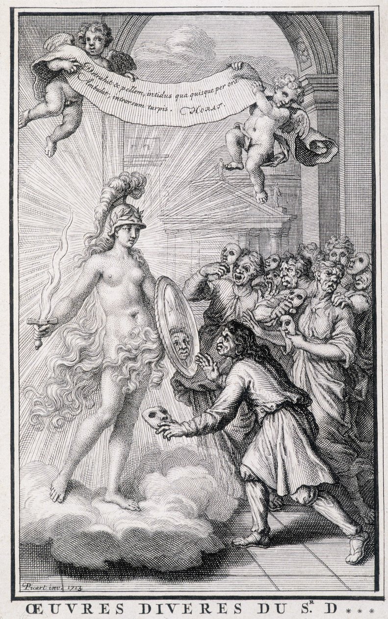 Mannen die zichzelf zonder hun maskers bekijken voor de spiegel van de allegorie van de waarheid. Gravure uit de 18e eeuw door Unknown artist