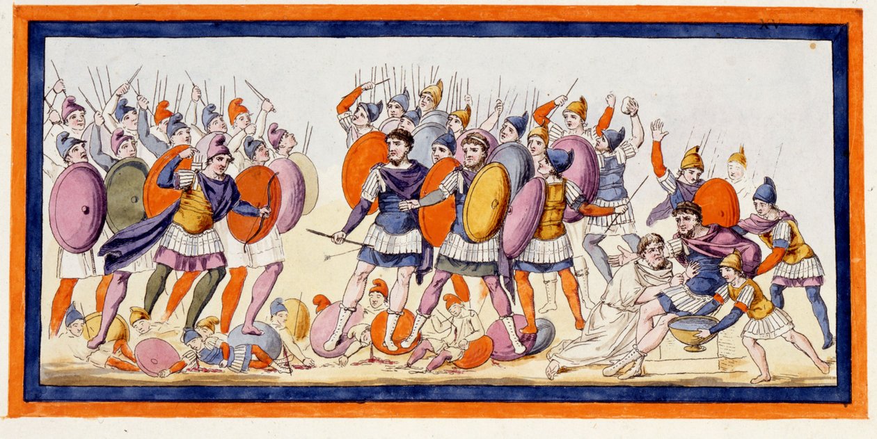 Menelas (rechts), een Griekse krijger, is net gewond door een pijl van een bondgenoot van de Trojanen. De Ilias, zang IV. Gravure uit het einde van de 18e eeuw door Unknown artist