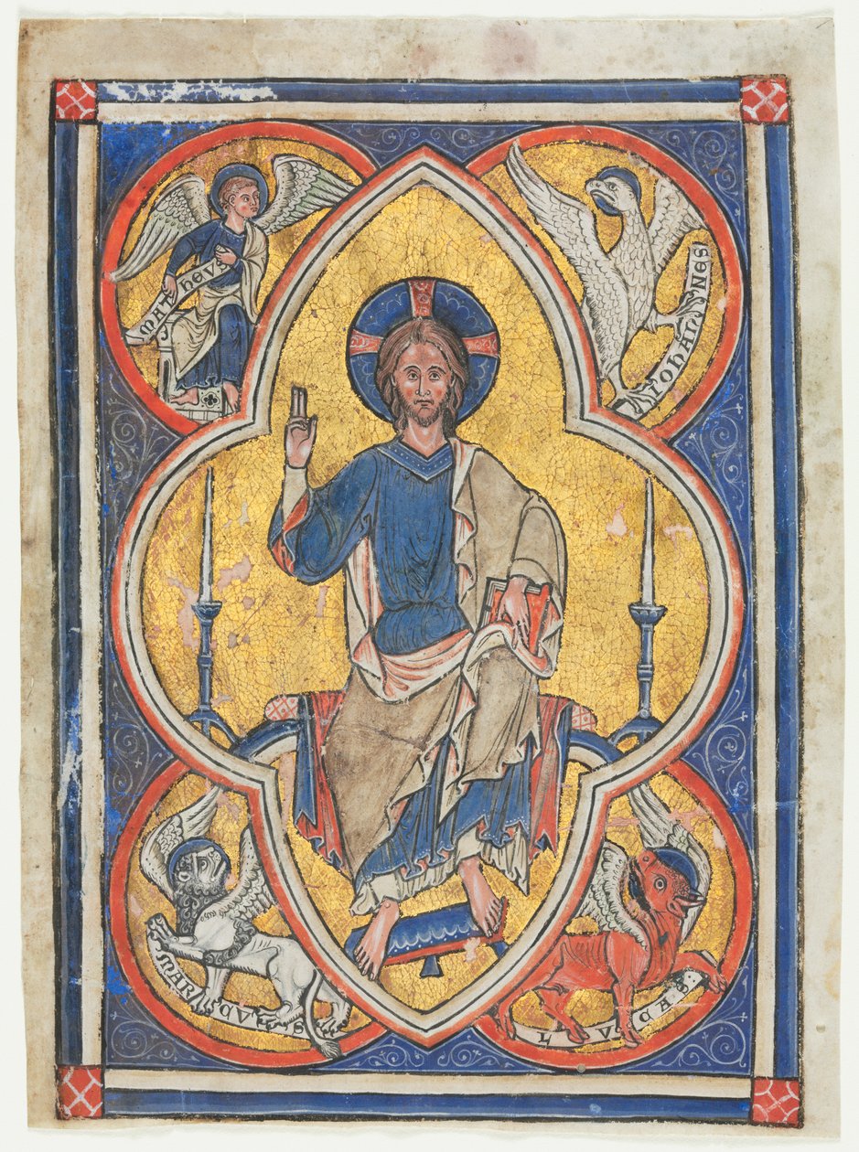 Miniatuur uitgesneden uit een psalter: Christus in majesteit met symbolen van de vier evangelisten door Unknown artist