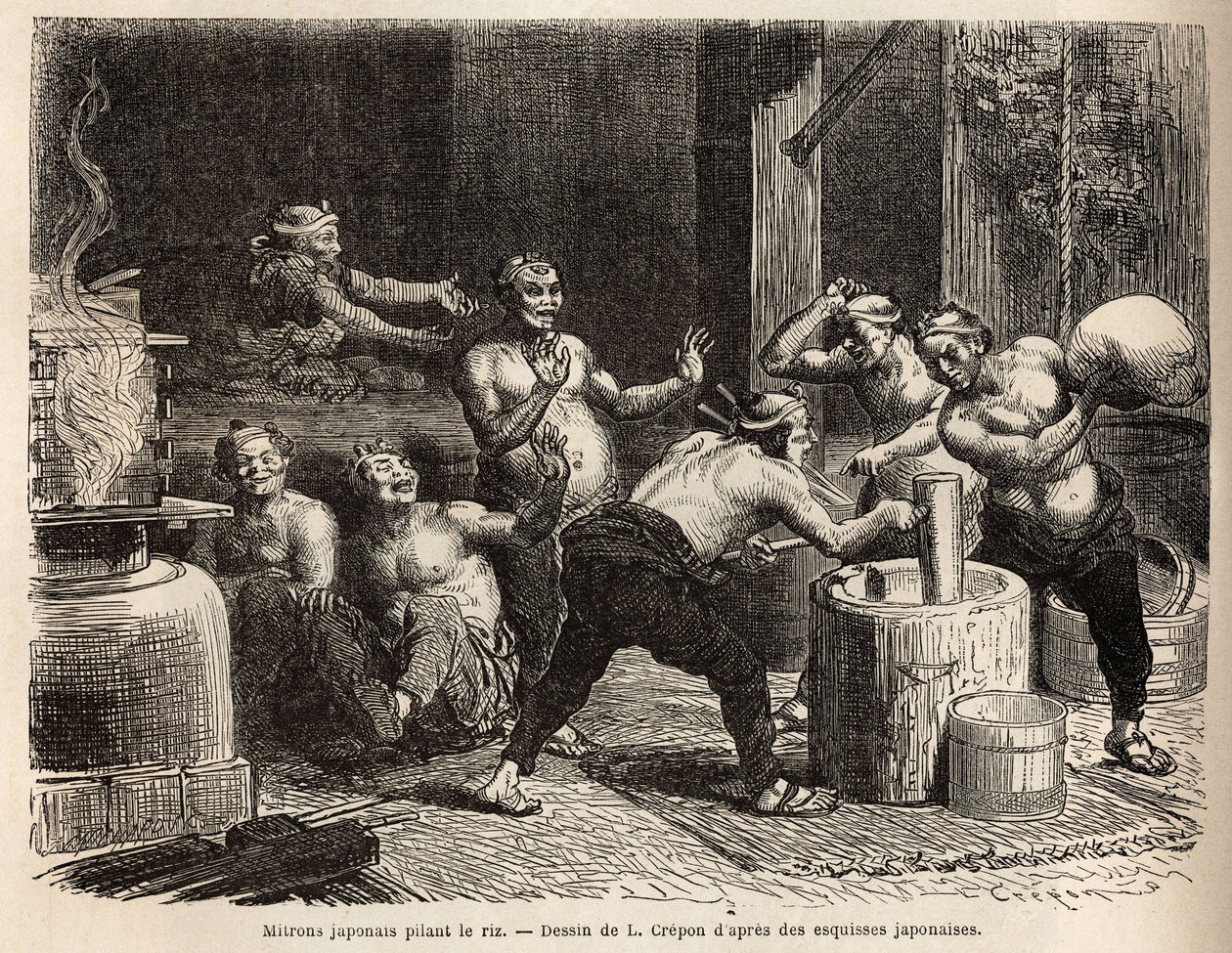 Mitrons die rijst stampen, voordat het wordt gebrouwen om rijstbier te maken. Gravure ter illustratie van de reis naar Japan, door Aime Humbert, minister van de Zwitserse Confederatie, in 1863-1864, gepubliceerd in 