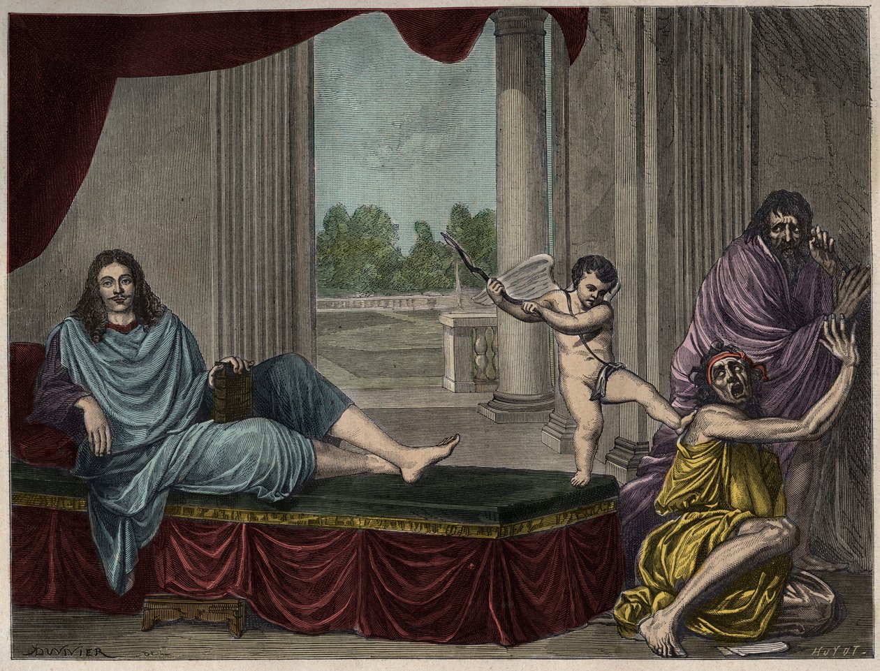 Molière Jean Baptiste Poquelin (1622-1673) roept de Geest van de komedie op om ondeugd neer te slaan en hypocrisie te ontmaskeren - Gravure naar een schilderij dat verdween in de 17e eeuw door Unknown artist