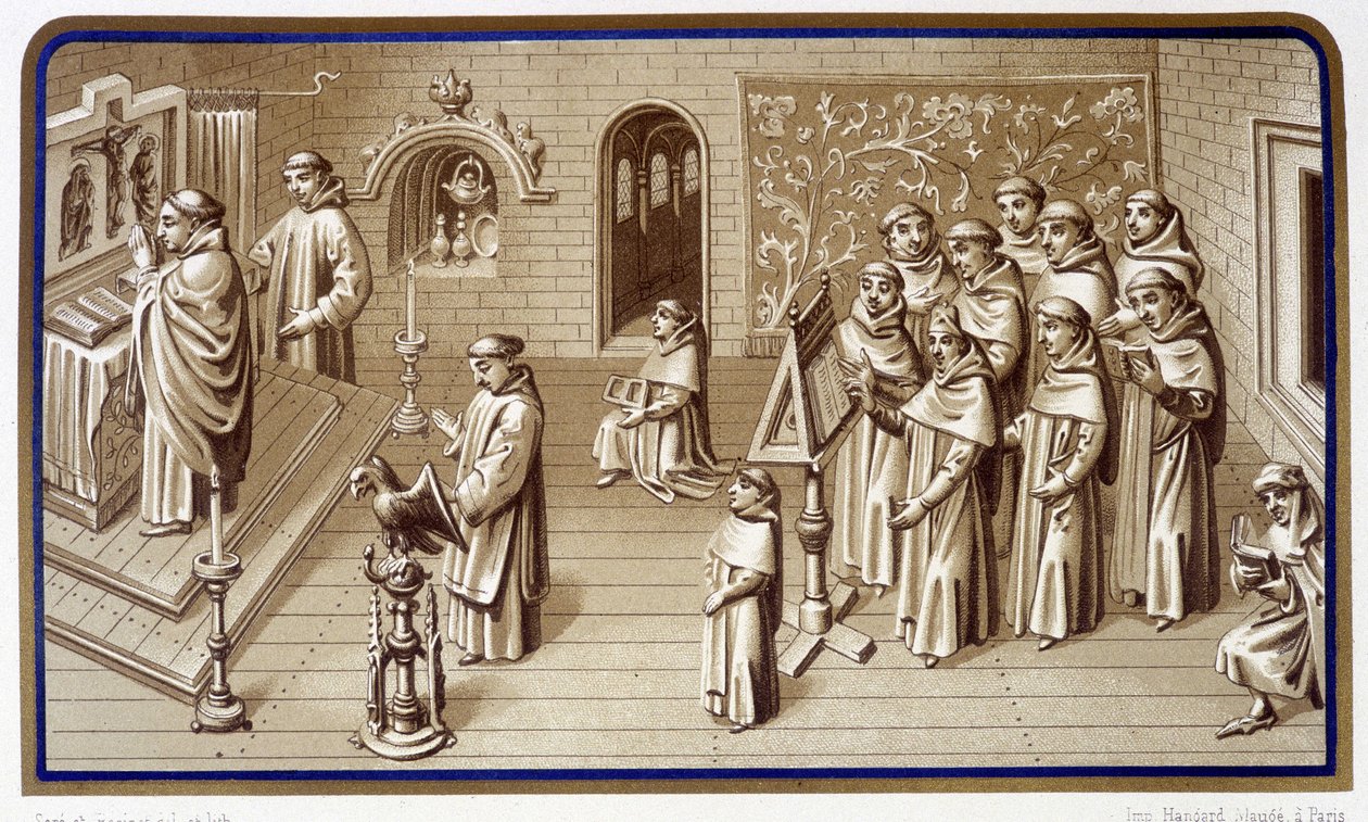 Monniken in een kapel van het klooster: gebed en koor. Grisaille van de Wonderen van Onze Lieve Vrouw. Chromolithografie. 19e eeuw door Unknown artist
