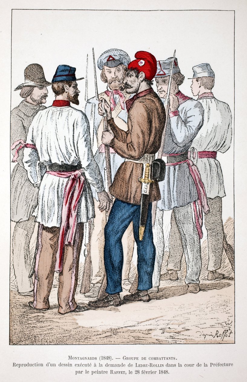 Bergbewoners (1848), een groep strijders, van wie er één de Frygische muts en de revolutionaire kokarde draagt. Kleurenets, reproductie van een tekening uitgevoerd op verzoek van Alexandre Ledru-Rollin (Ledru Rollin) (1807-1874) in de binnenplaats van de door Unknown artist