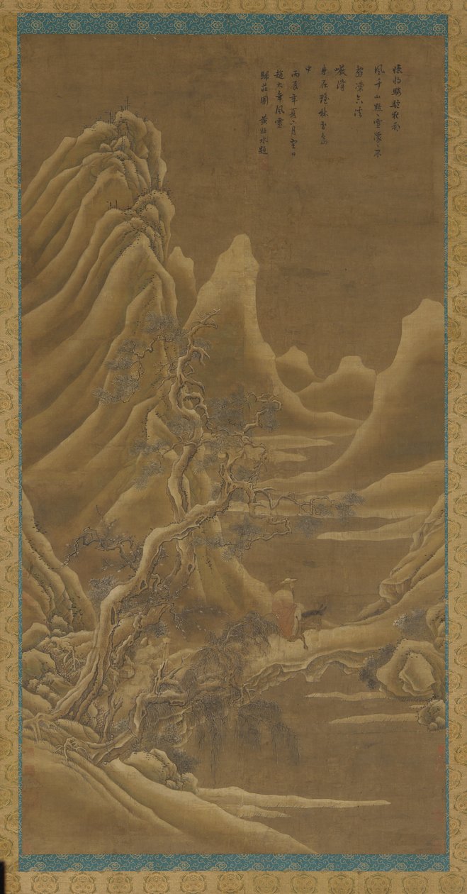Bergen, een rivier en pijnbomen - een man op een ezel door Unknown artist