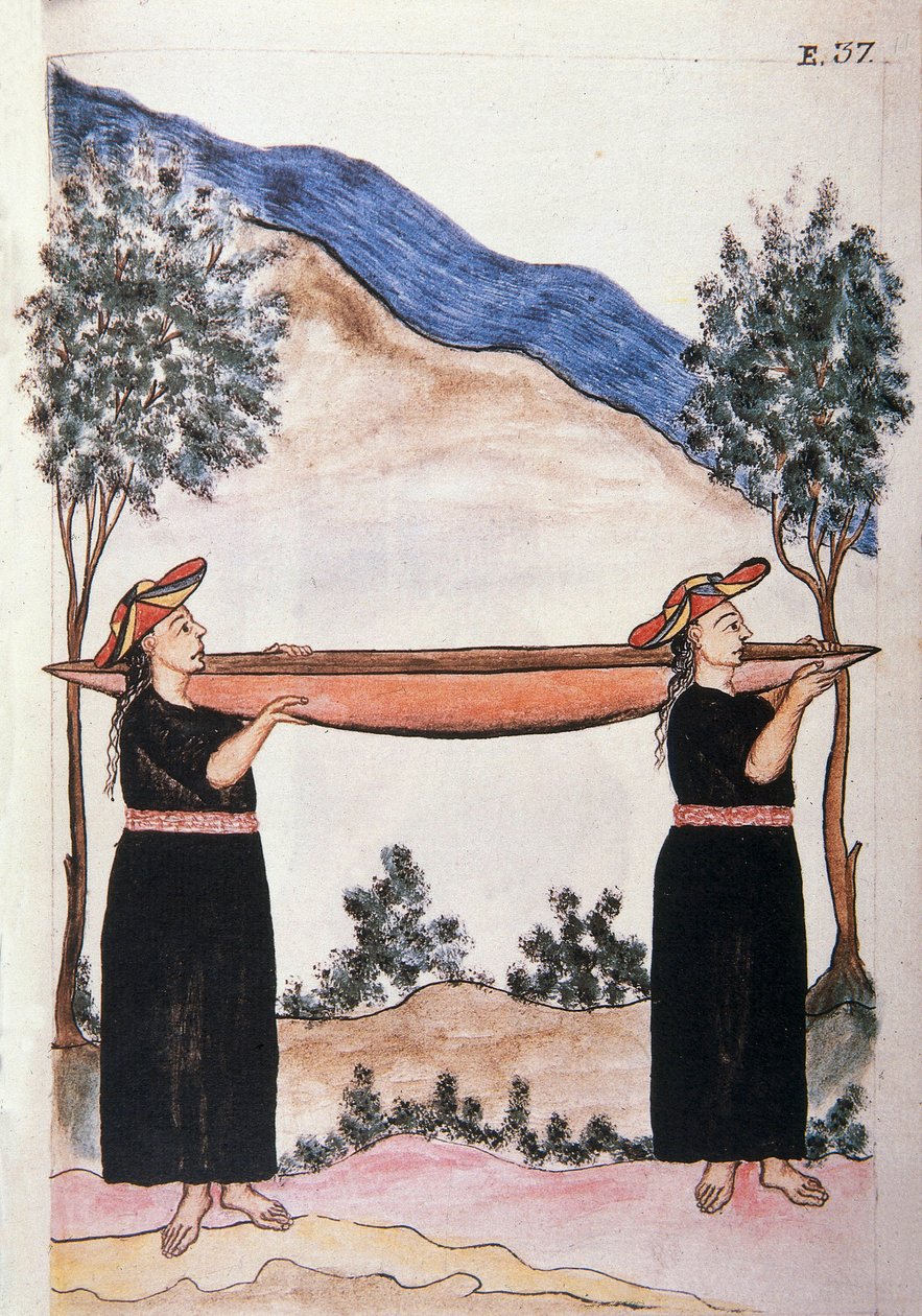 Moyobamba-indianen dragen hun kano, uit het boek "Trujillo del Peru" of "Códice Martínez Compañón", door Baltazar Martinez Compañón y Bujanda, bisschop van Trujillo (1782-1785) door Unknown artist
