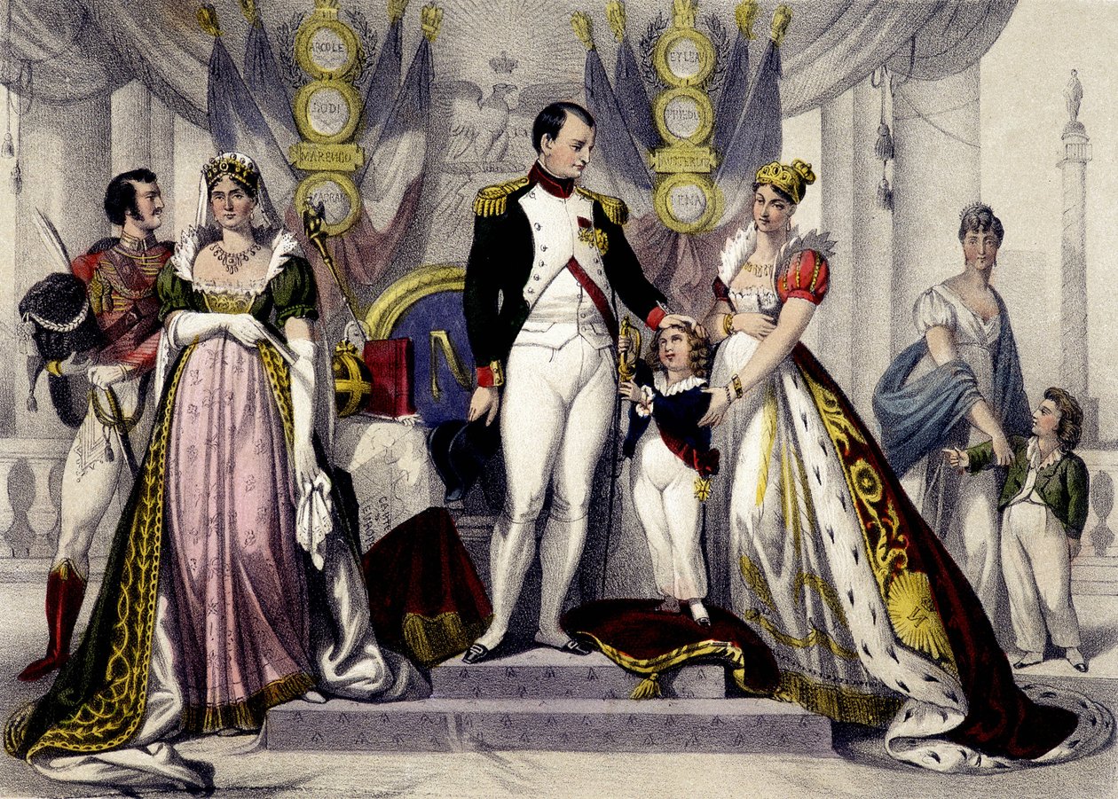 Napoleontische dynastie van 1804 tot 1815. Josephine, Napoleon I, Koning van Rome, Mary Louise. Gravure uit de 19e eeuw door Unknown artist