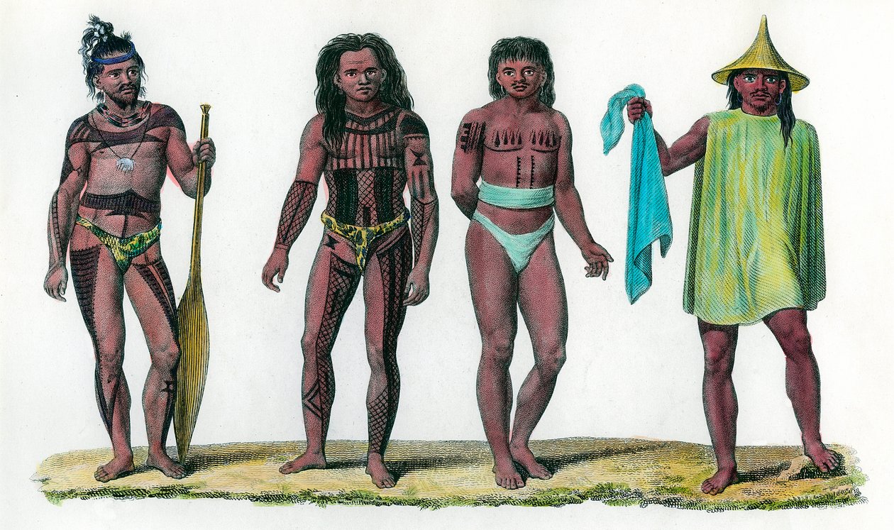 Natuurlijke eilanden van Iros Penelap en Aouara, bevolking van het Oceanische continent. 18e eeuw gravure door Unknown artist
