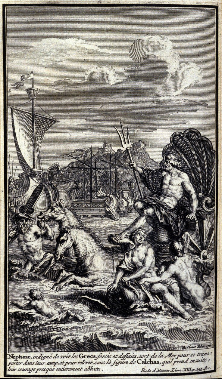 Neptunus, verontwaardigd over het zien van de Griekse krachten en daden, verlaat de zee om zich naar hun kamp te begeven en hun bijna volledig vernietigde moed op te wekken onder de gedaante van Calchas die hij dan aanneemt. Illustratie van boek XIII van d door Unknown artist