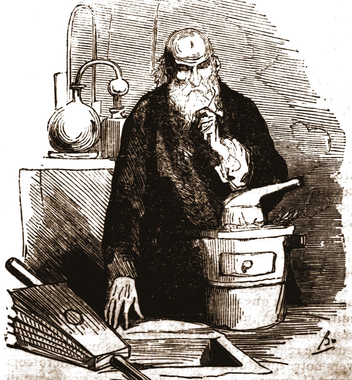 Nicolas Flamel (1330 - 1418) in zijn laboratorium. door Unknown artist