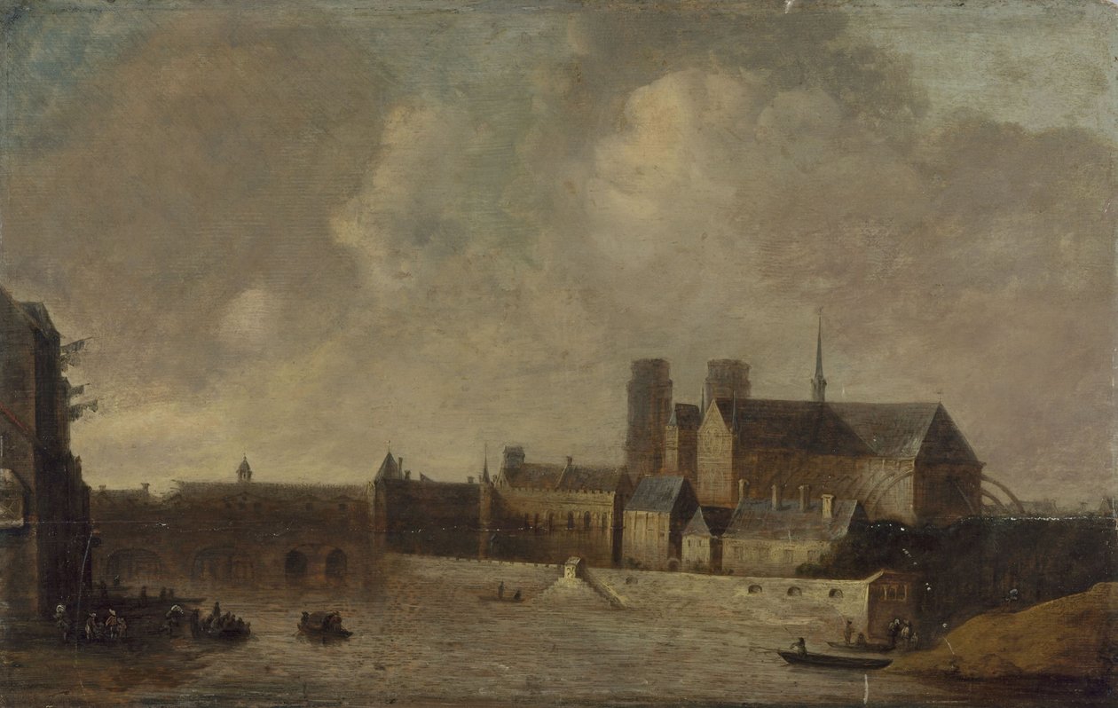 Notre-Dame en het Aartsbisschoppelijk Paleis, gezien vanaf de Quai de la Tournelle, circa 1640, huidige 4e arrondissement, tussen 1635 en 1645 door Unknown artist