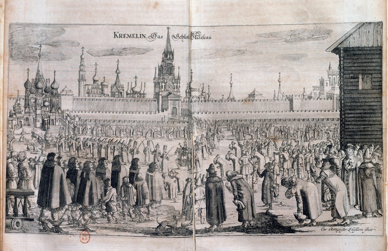 Officiële ceremonie met parade in het Kremlin van Moskou. Gravure uit de 17e eeuw. Russische bibliotheek door Unknown artist