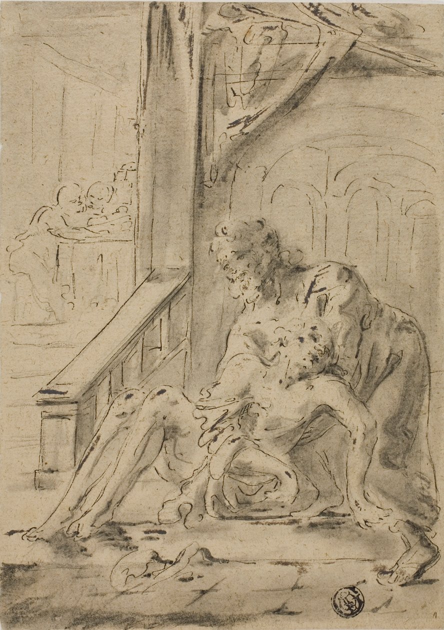 Oude Man Ondersteunt Jonge Man door Unknown artist