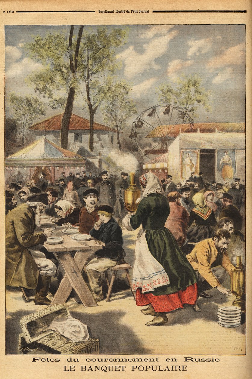 Ter gelegenheid van de kroning van Tsaar Nicolaas II wordt een volksbanket aangeboden aan 500.000 Russen op het Khodinskoie manoeuvreveld in Moskou, voorafgegaan door theatervoorstellingen. Gravure in "Le petit journal" 17/05/1896. Selva