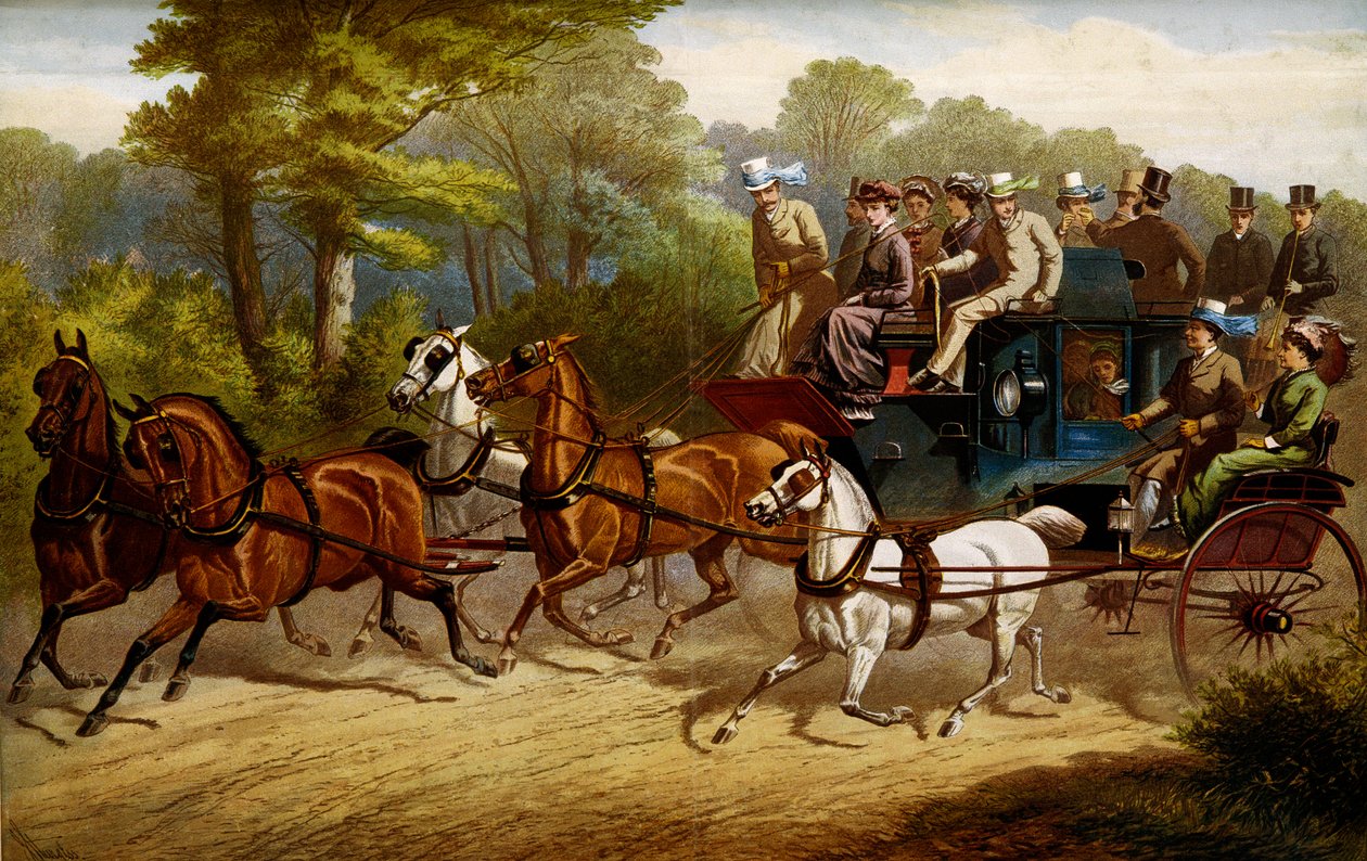 Op weg naar de derby. Fiacre en omnibus getrokken door paarden op weg naar een derby door Unknown artist