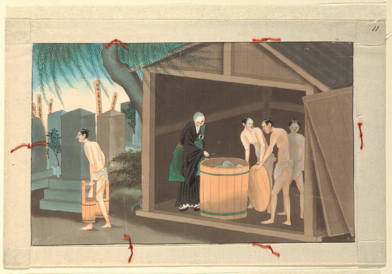 Een van zestien scènes van de dood en begrafenis van een man door Unknown artist