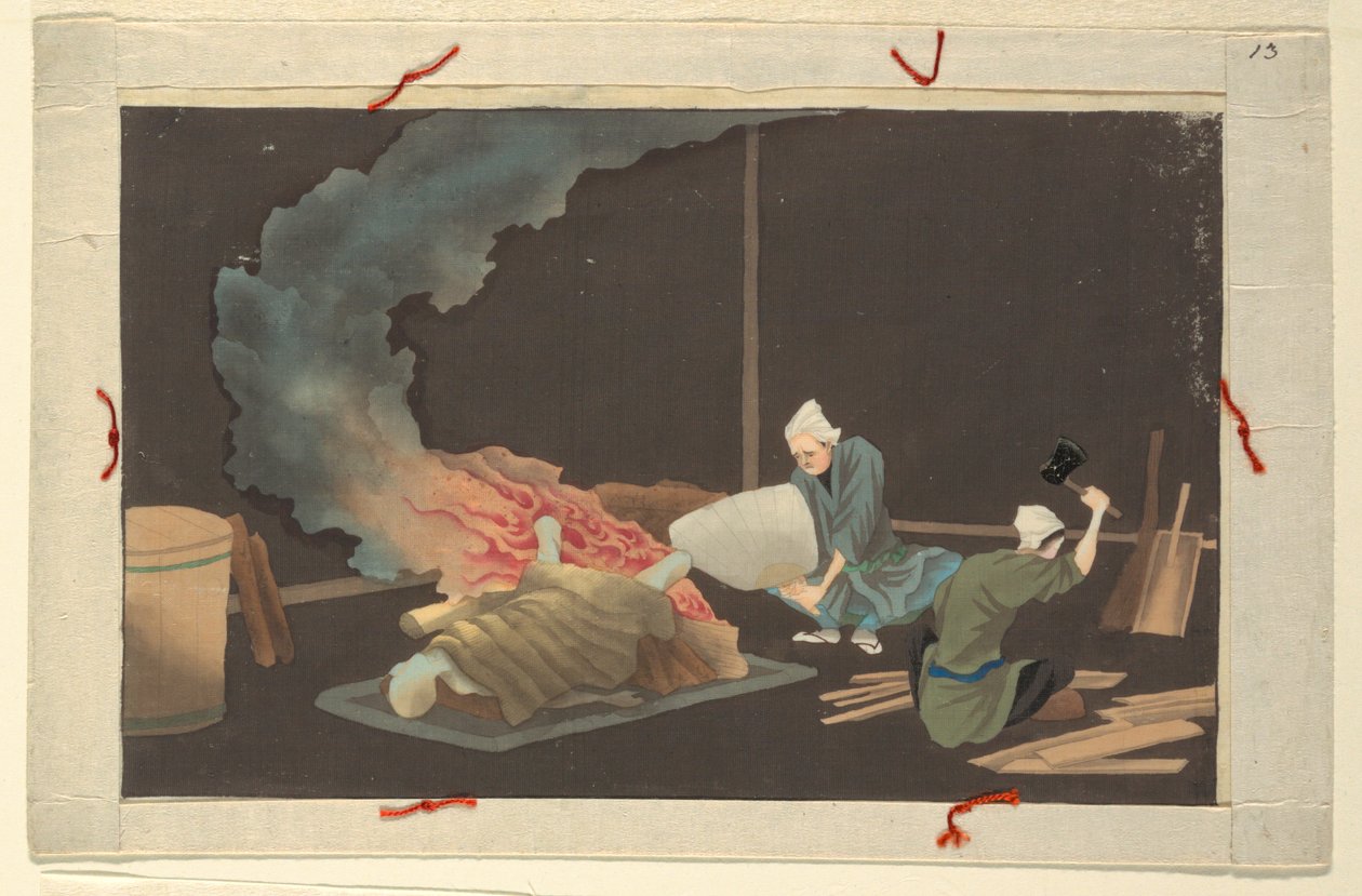 Een van zestien scènes van de dood en begrafenis van een man door Unknown artist